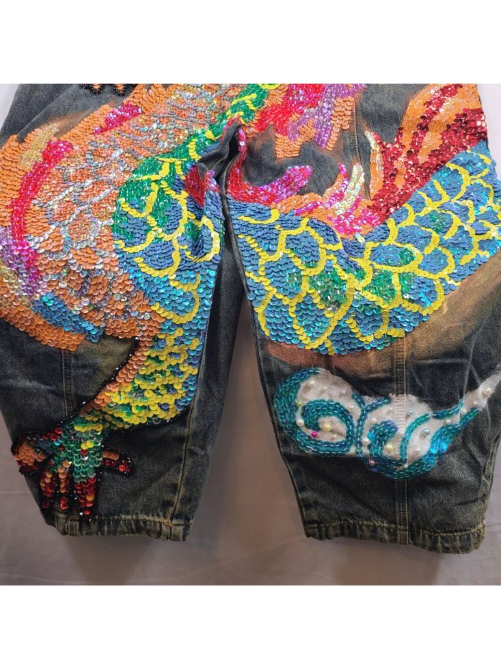 Kitmaple Denim Bib Overalls With Colorful Sequin Dragon Embroidery S-M - Picture 5 of 12
